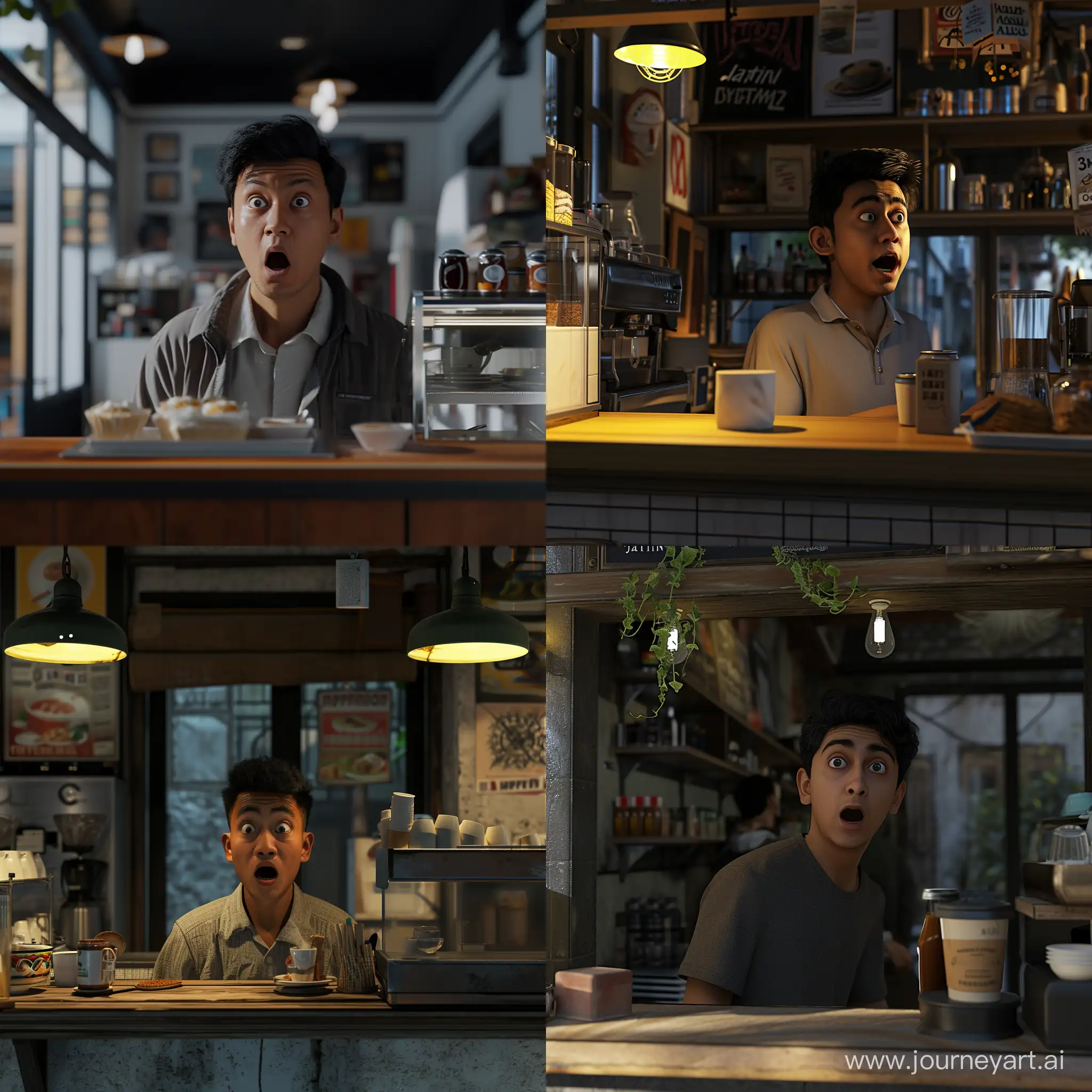 [Depict a medium shot of Jatin, a  man with an ordinary appearance, standing behind the counter of a small café. Show him looking surprised and intrigued as he gazes at something off-screen. Convey his curiosity and anticipation] unreal engine, hyper real --