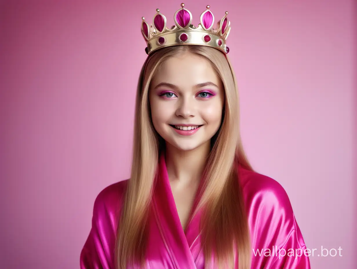 Glamorous portrait of sweet, young, sunny queen Yulia Lipnitskaya with long straight silky hair smiling in luxurious pink fuchsia silk robe with pink fuchsia silk towel turban and crown on the head