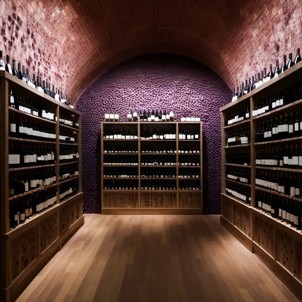 A wine store with many bottles and grapes on the walls.