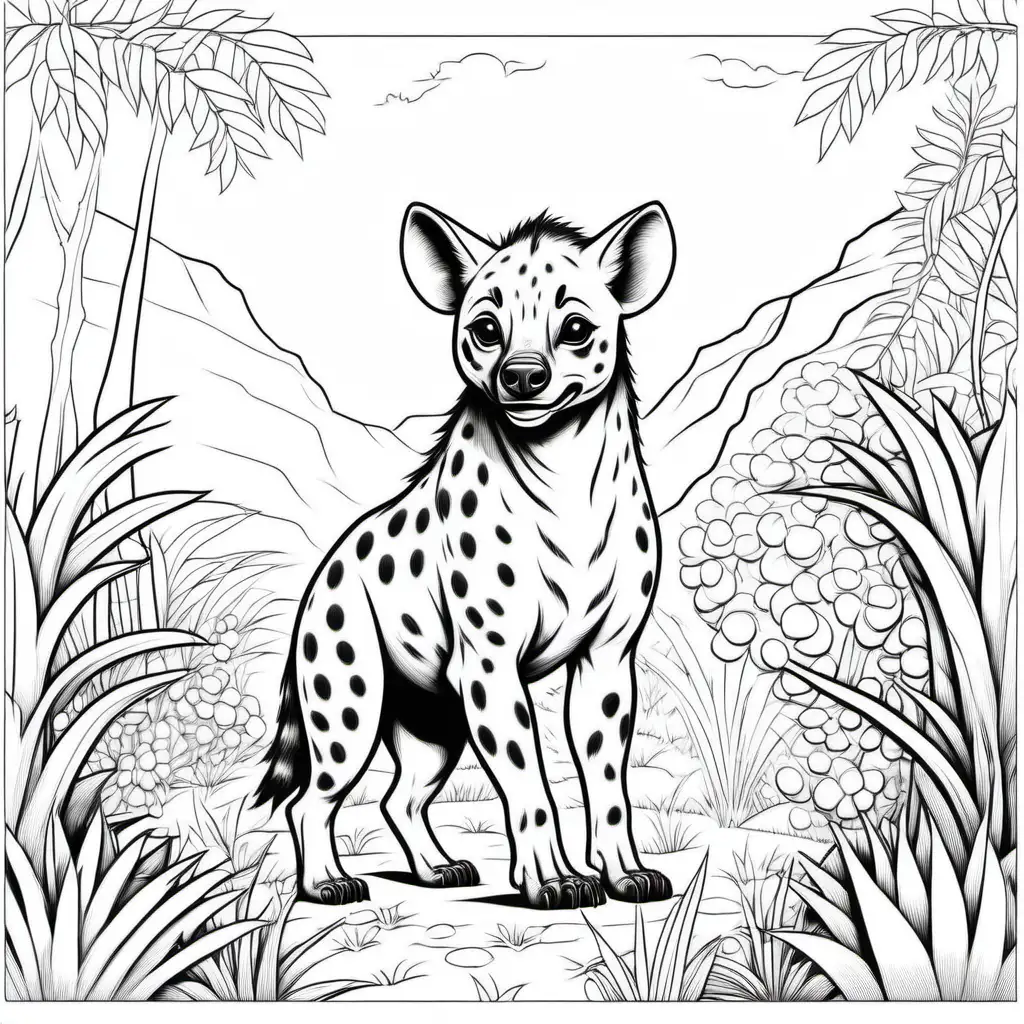 Coloring page for kids, Hyena in Garden of Eden, clean line art