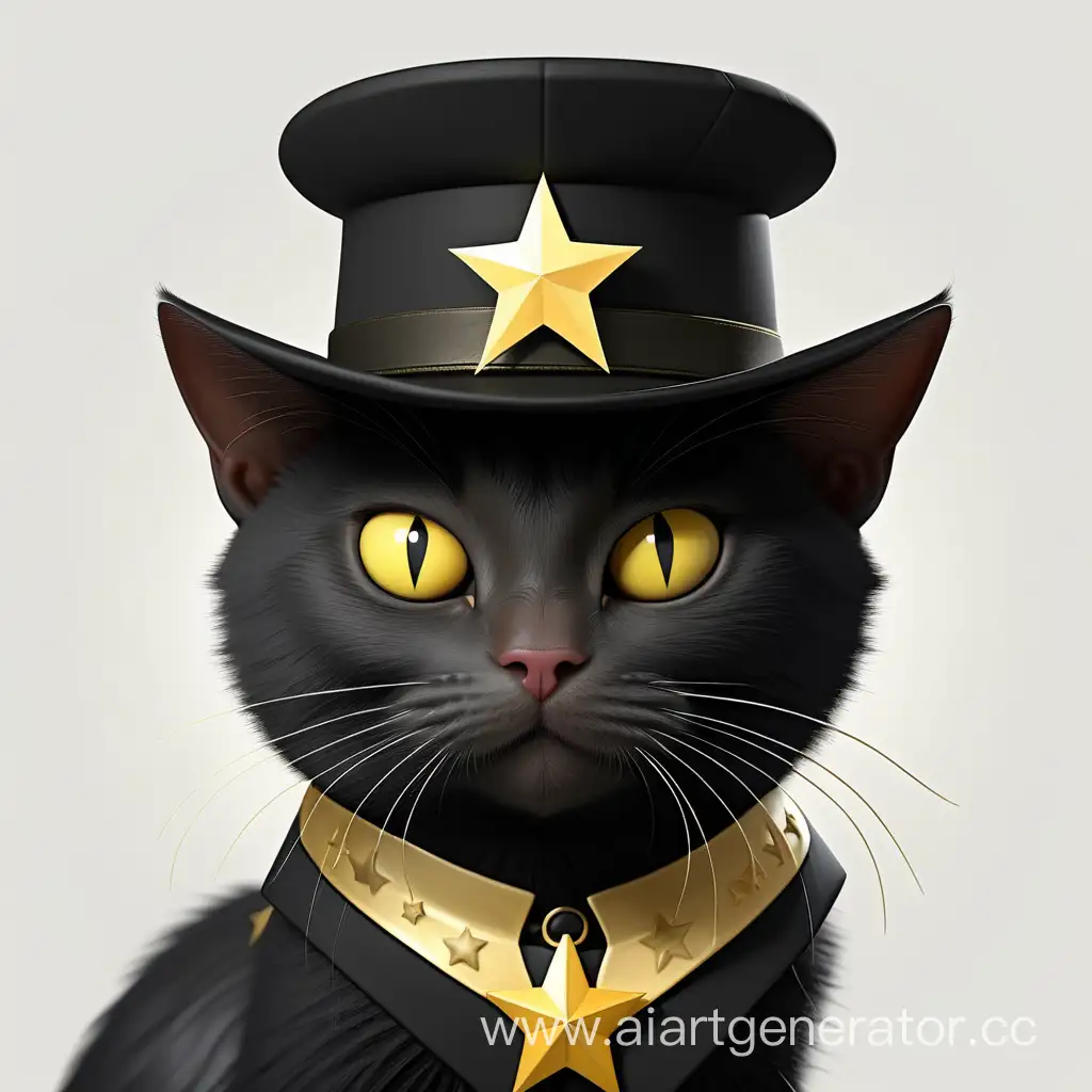 черный кот с чёрной шапкой генерала с золотой звездой и с чёрным костюмом
