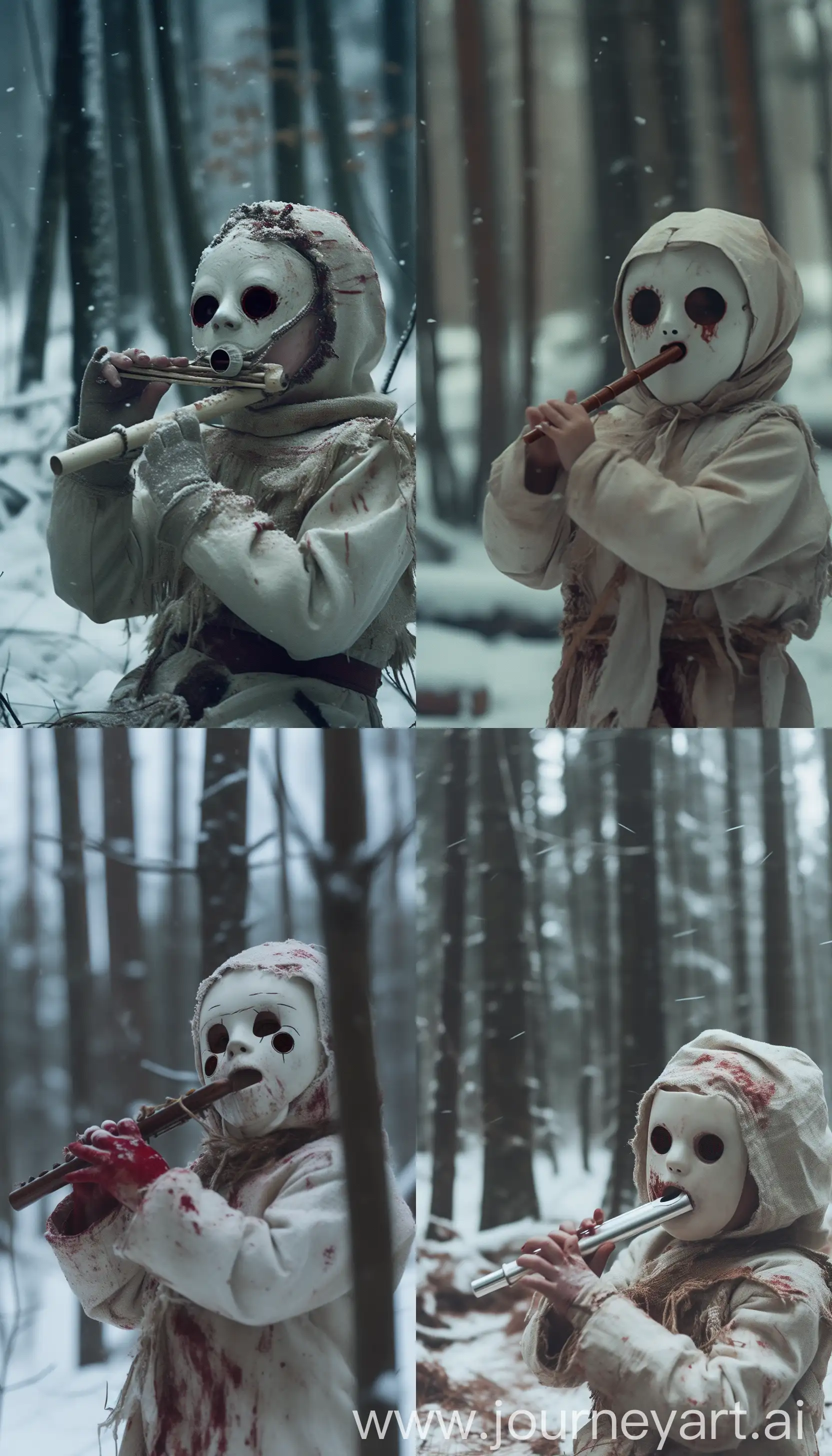 https://i.ytimg.com/vi/cYSLx90BB-g/maxresdefault.jpg a cinematic horror scene a child playing tribal flute in the snowing forest wearing a white mask and old Eskimo clothes with blood circular dark eyes, filmed with ARRI Alexa and Mini-lenses anamorphic, in the style of director Roman Osin, --ar 4:7 --q .25