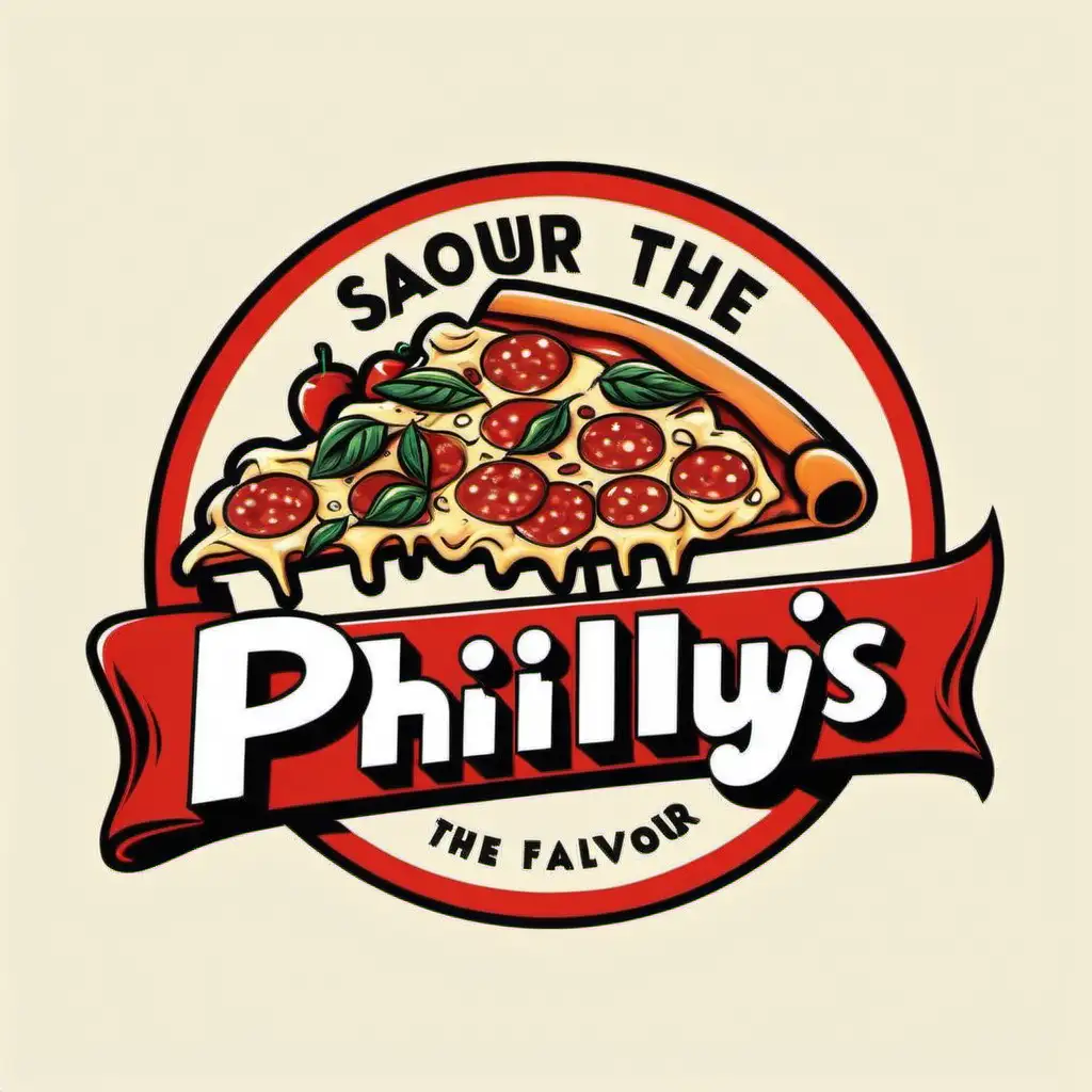 a logo for a fast food takeaway called phillys that specialises in cheesy pizza with the slogan "savour the Flavour"
