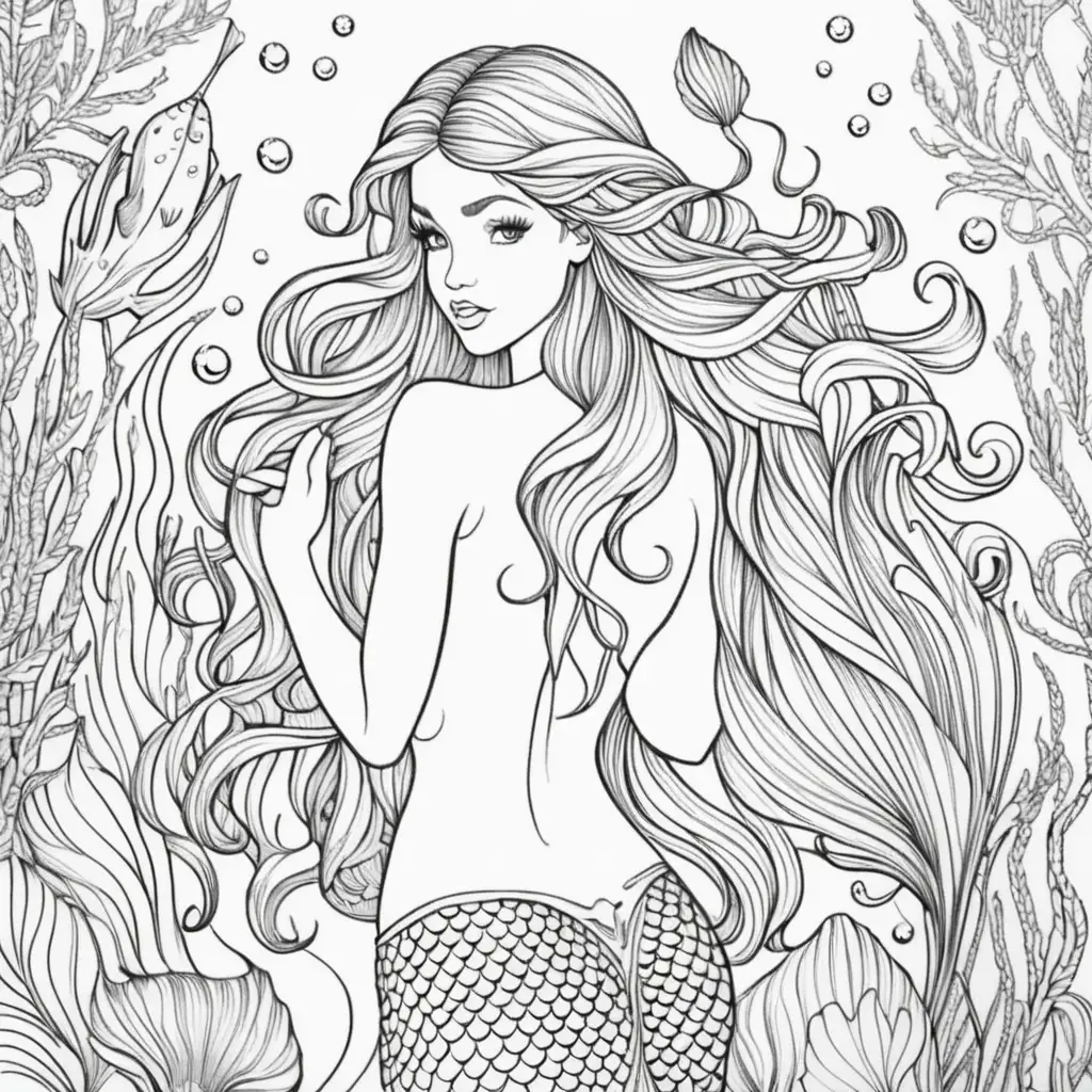 Mermaid Adult Coloring Page Underwater Fantasy Art for Stress Relief