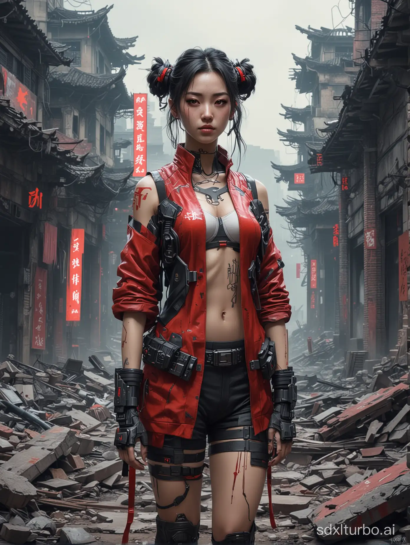 Digitized characters in cyberpunk style, applied in the ruins of the 816 project in Fuling, Chongqing. If it's a Chinese-style girl, the background should have elements of the metaverse, technology, and revolution, with a touch of red.