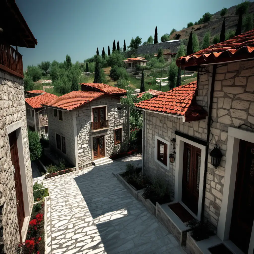 Traditional Turkish Village with Cozy Stone and Burning Wooden Villas