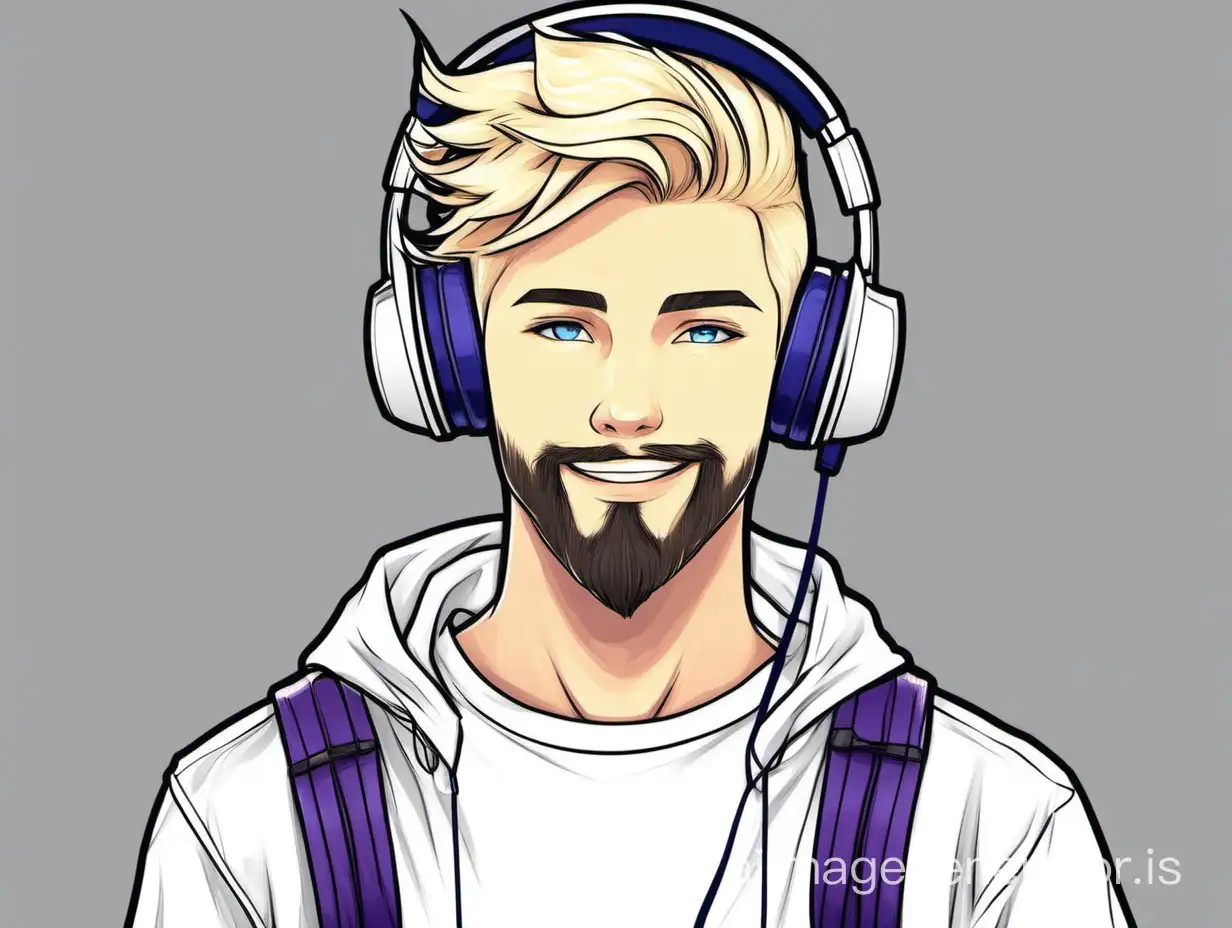 Draw me a profile banner for Twitch where I am (a young blond 19-year-old guy with a beard) wearing white headphones and with a microphone 16:9 1200x480