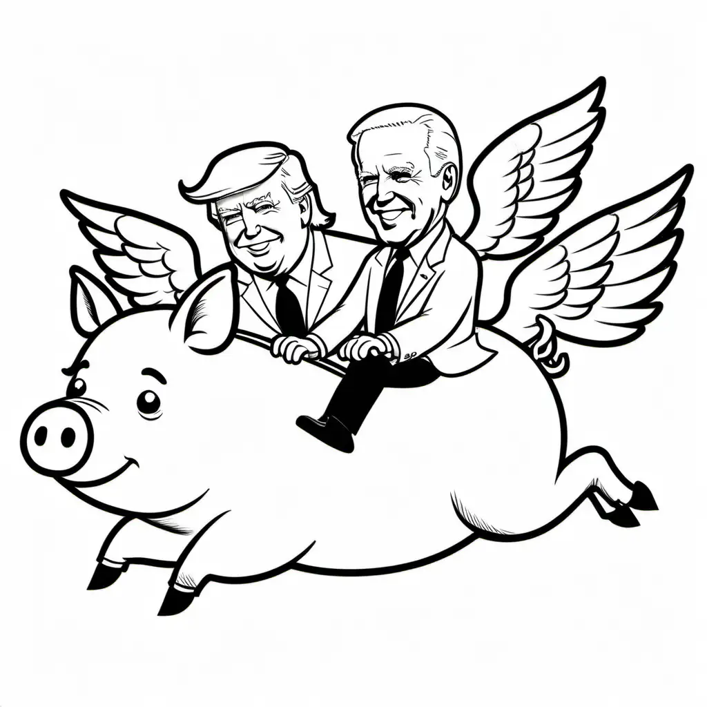 trump and biden on a flying pig cartoon, Coloring Page, black and white, line art, white background, Simplicity, Ample White Space. The background of the coloring page is plain white to make it easy for young children to color within the lines. The outlines of all the subjects are easy to distinguish, making it simple for kids to color without too much difficulty