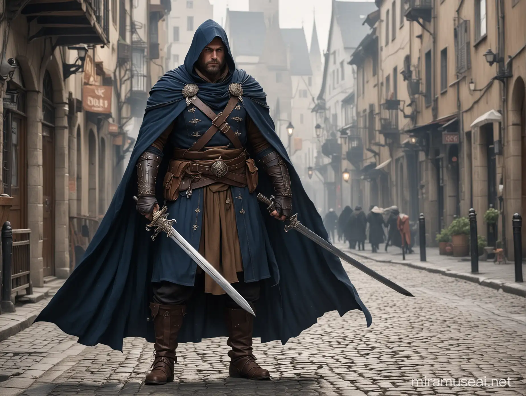 A strong fat rogue wearing dark blue cloak and brown armor and two long swords, standing in a middle age city street