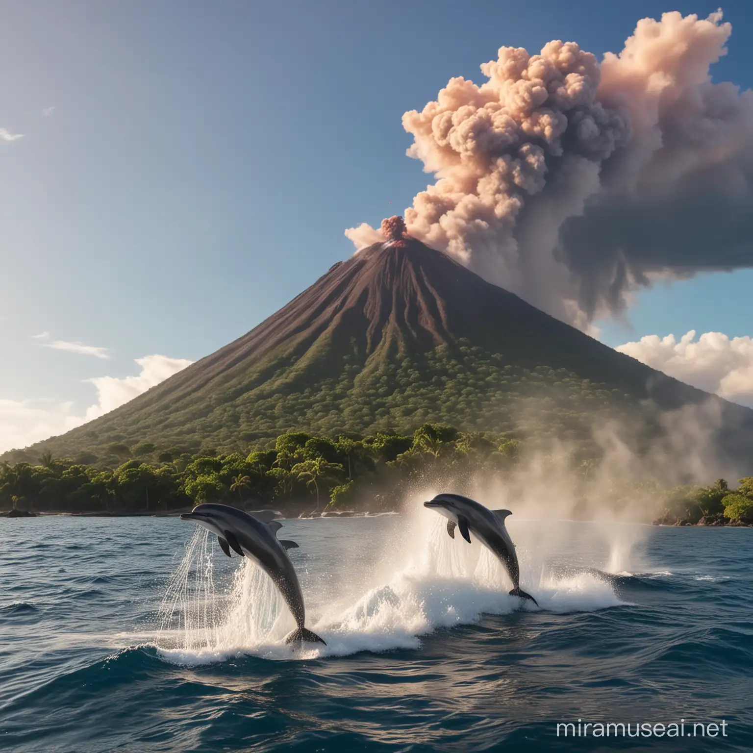 Isola caraibica con delfini che saltano e vulcano in eruzione