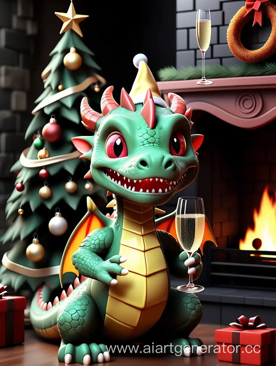 Festive-Christmas-Tree-and-Cozy-Fireplace-with-a-Little-Dragon-Celebration