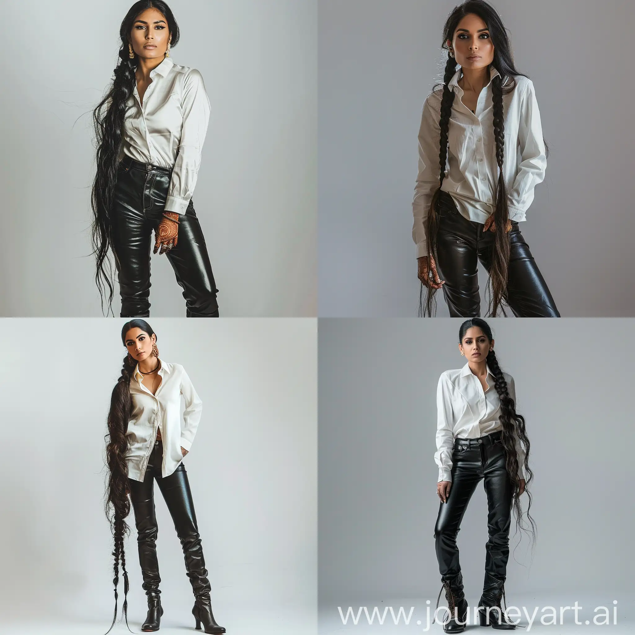 white photoshoot tall Indian woman with long single braid white shirt and black leather pants and boots.