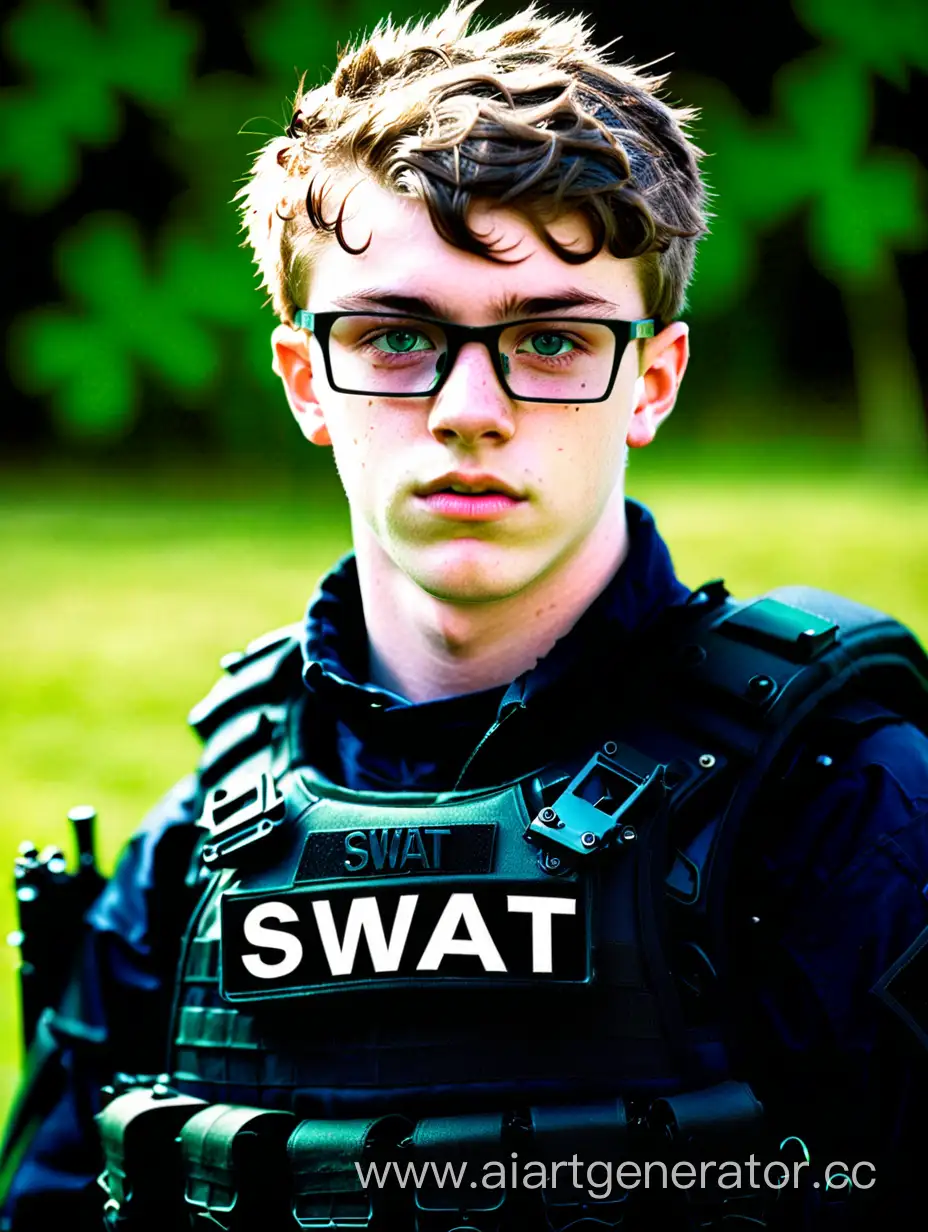 18-year-old Irish guy with glasses as a member of Swat team