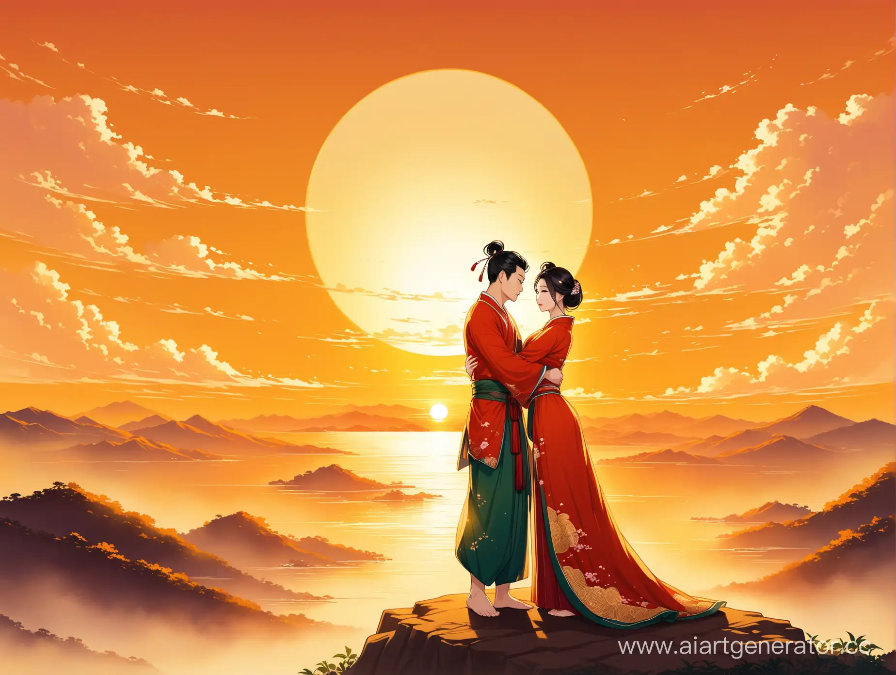 Asian-Couple-Embracing-in-Golden-Sunset-Traditional-Asian-Painting-Style