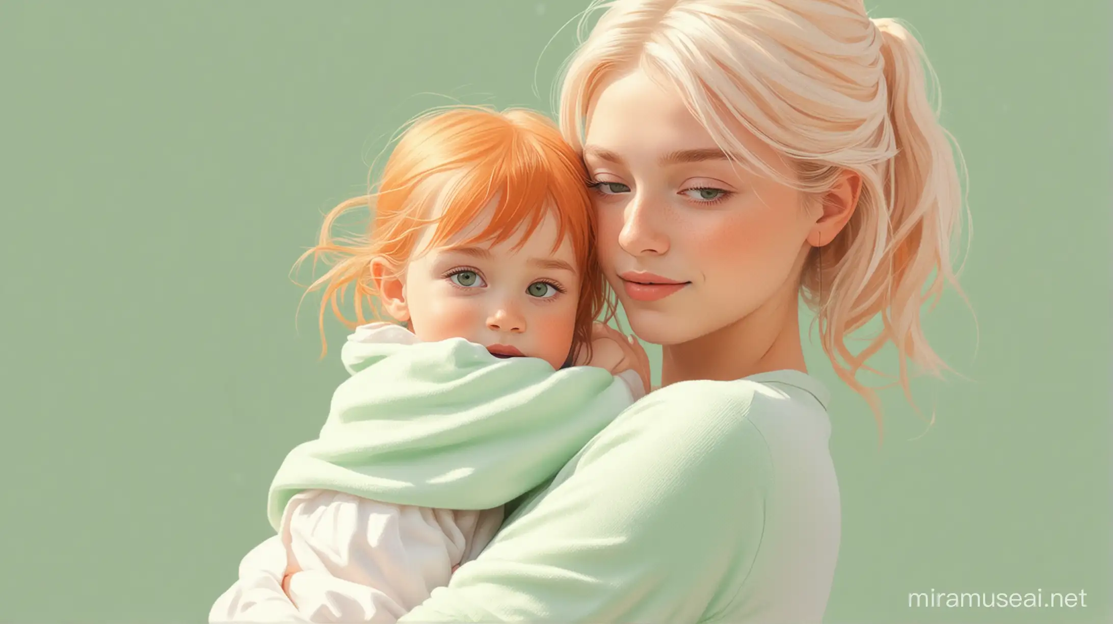 Девушка с маленьким ребёнком на руках. Мультипликационный стиль. Пастельные цвета. Зеленый, оранжевый, белый