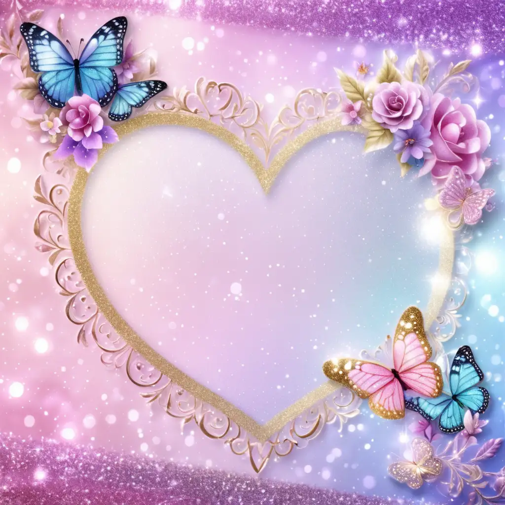 Glitter, digital paper, sparkling, glitter frosted heart, glitter frosted butterfly, stationary, filigree flower boarder, bokeh background