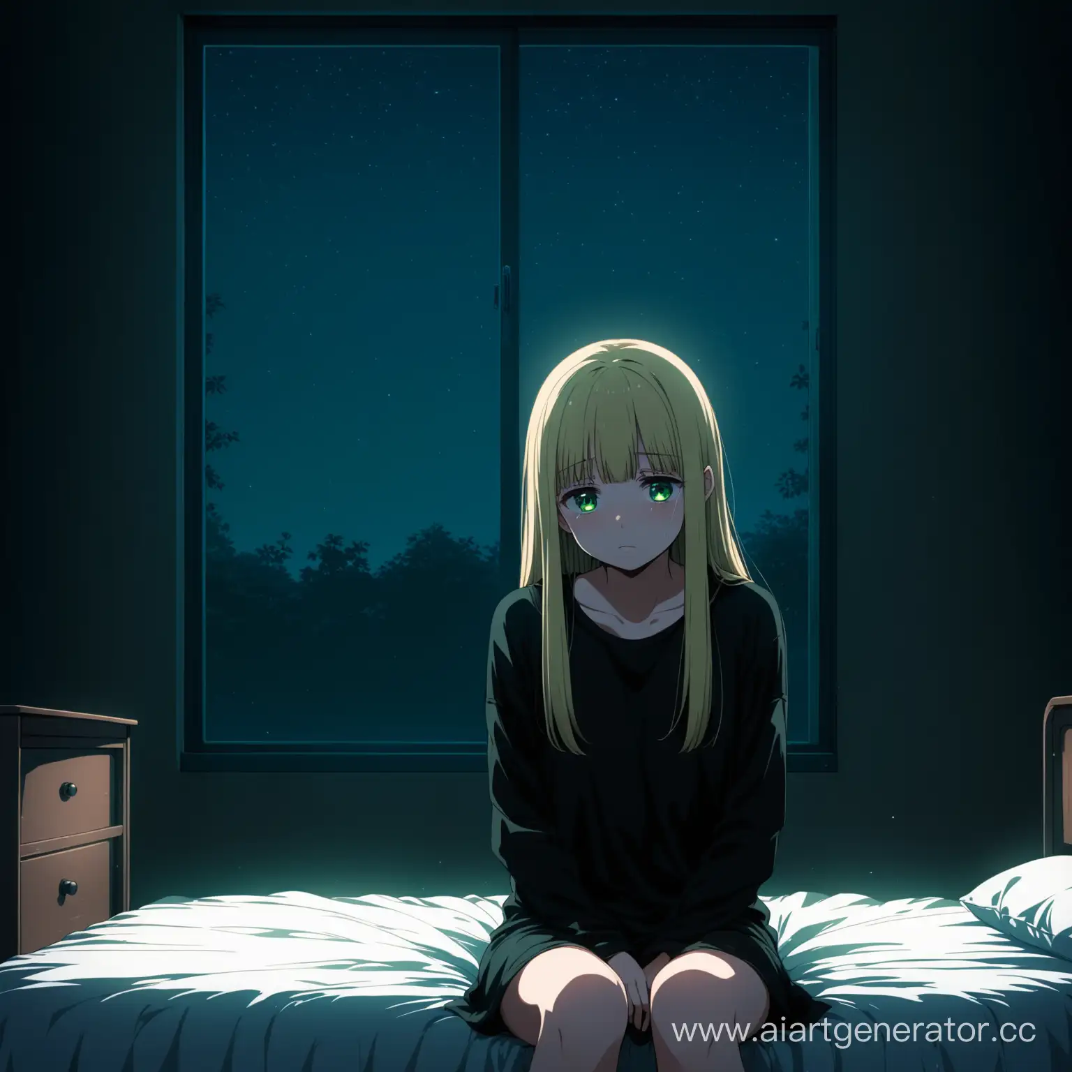 a short girl, long straight blonde hair with straight bangs, big green eyes, she is wearing a long black T-shirt, she is sitting in an empty room with only one bed and a window, she sobbing and looks sad, night atmosphere, anime style