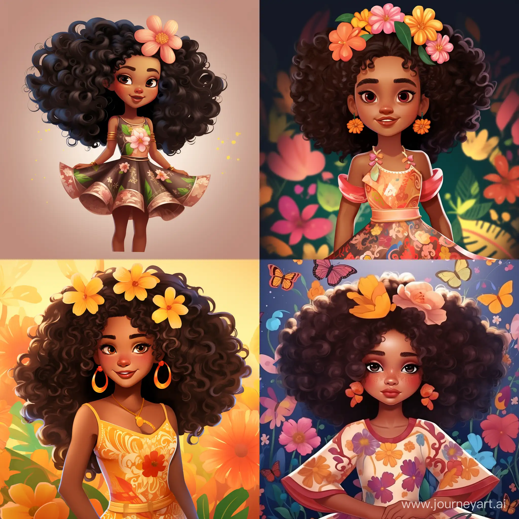 una bambina afrolatina con un costume di un fiore, in cartoon style