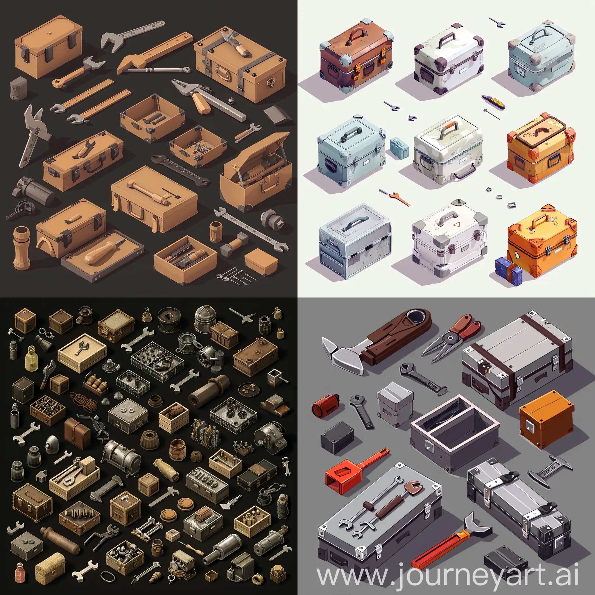 sprite sheet of isometric set of relistic old worn repair tool kit instruments simple metal boxes in style of made in blender 3d asset, isemetric set, orthographic projection --chaos 20
