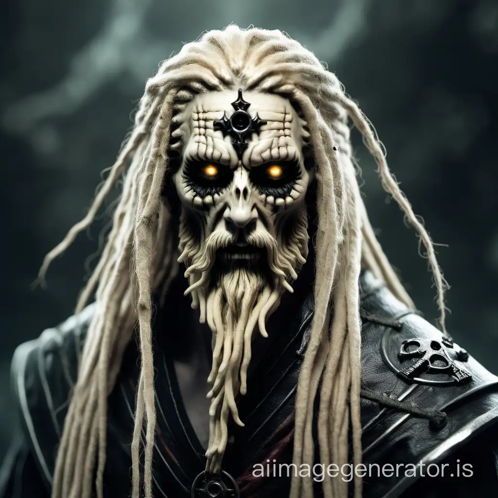 fantasy necromancer blond dreadlocks blond long beard black eyes