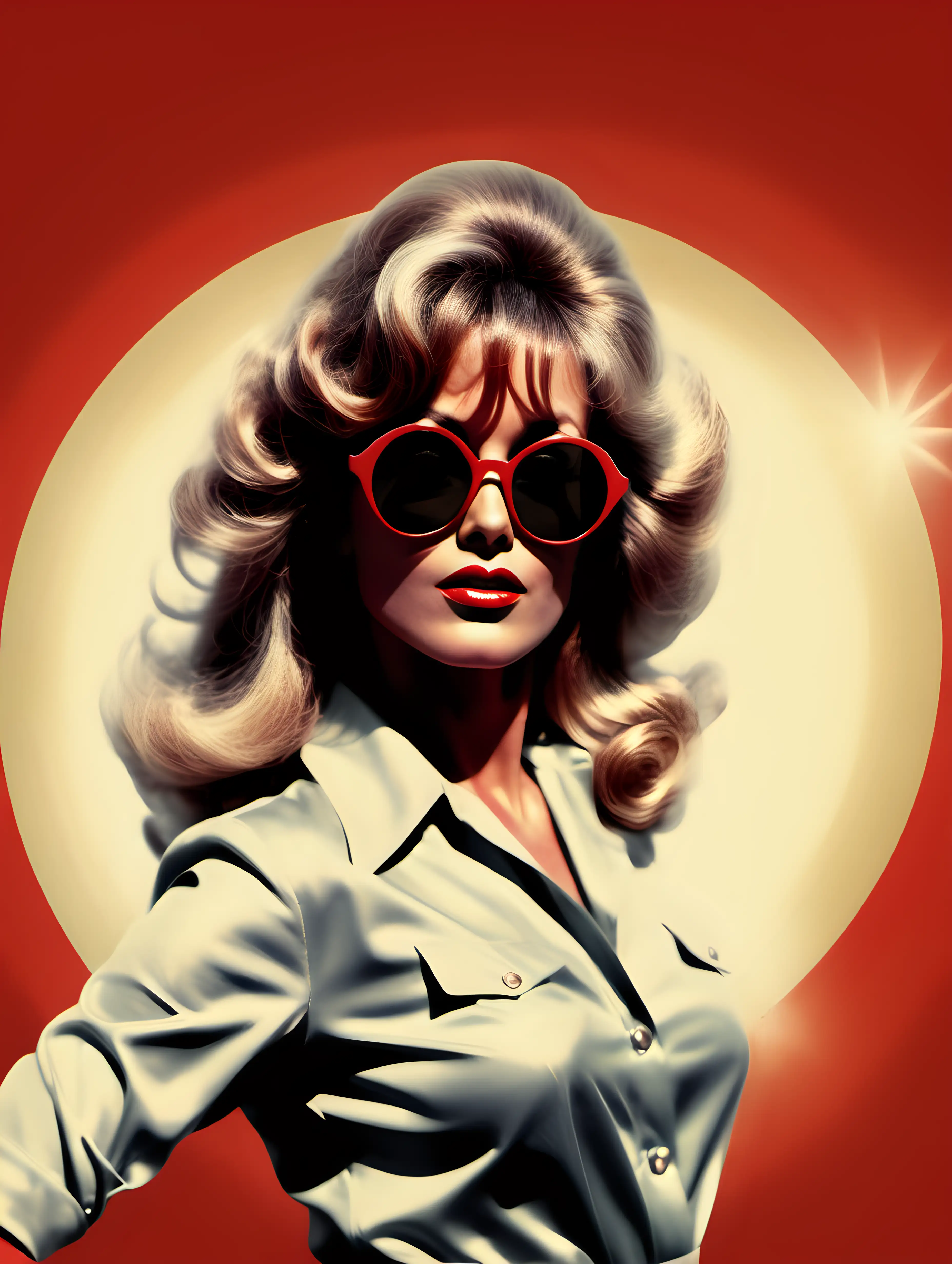 woman with street flare and sassy attitude, in a sassy pose, red glossy lips, big dark sunglasses, vintage style of the 1960-1970's, farrah fawcett, No hands. Arms down, Perfect symetrical circle of light behind the womans head, Realistic illustration