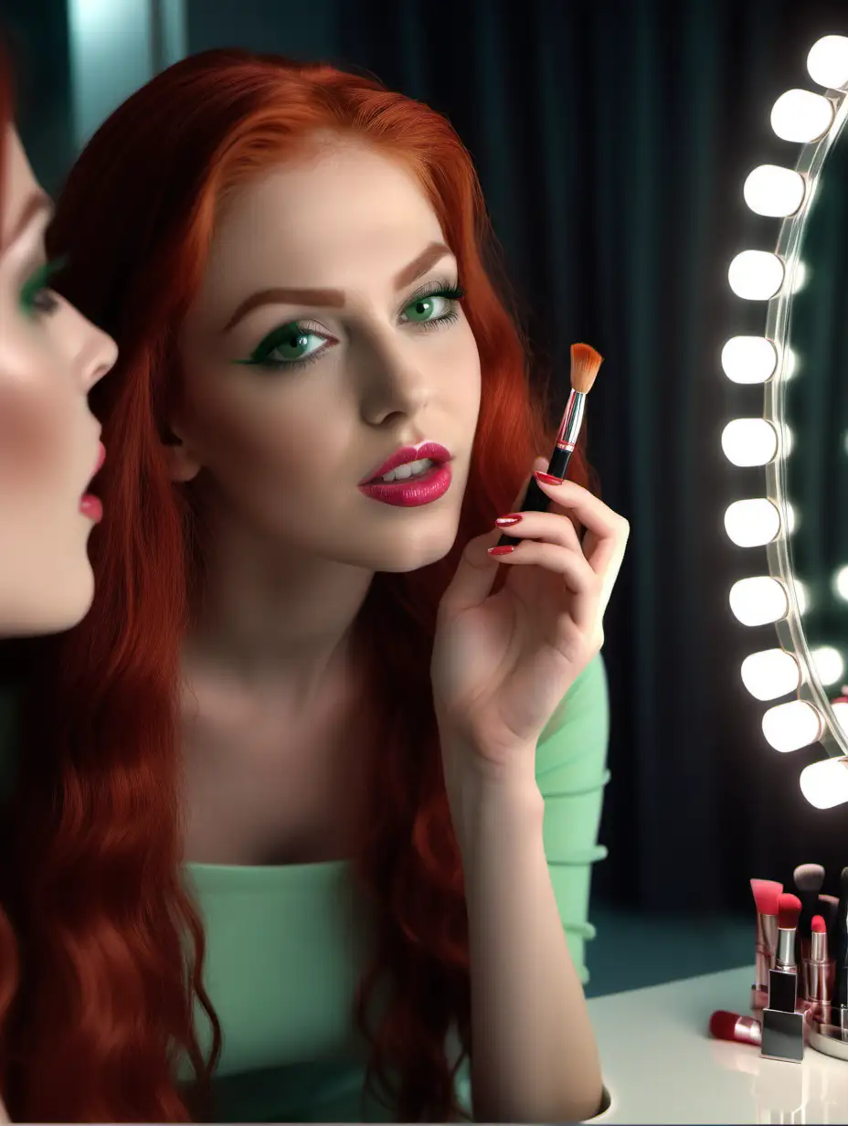 Create a photography of 25 years old beautiful magella green, long red hair, green eyes, perfect lips, perfect teeth, perfect face. She is sitting looking at  the vanity mirror, she is  putting makeup on her face. Looks glamorous and gorgeous as she talkson her cell phone. The event is captured in high definition 8k quality, octane render.