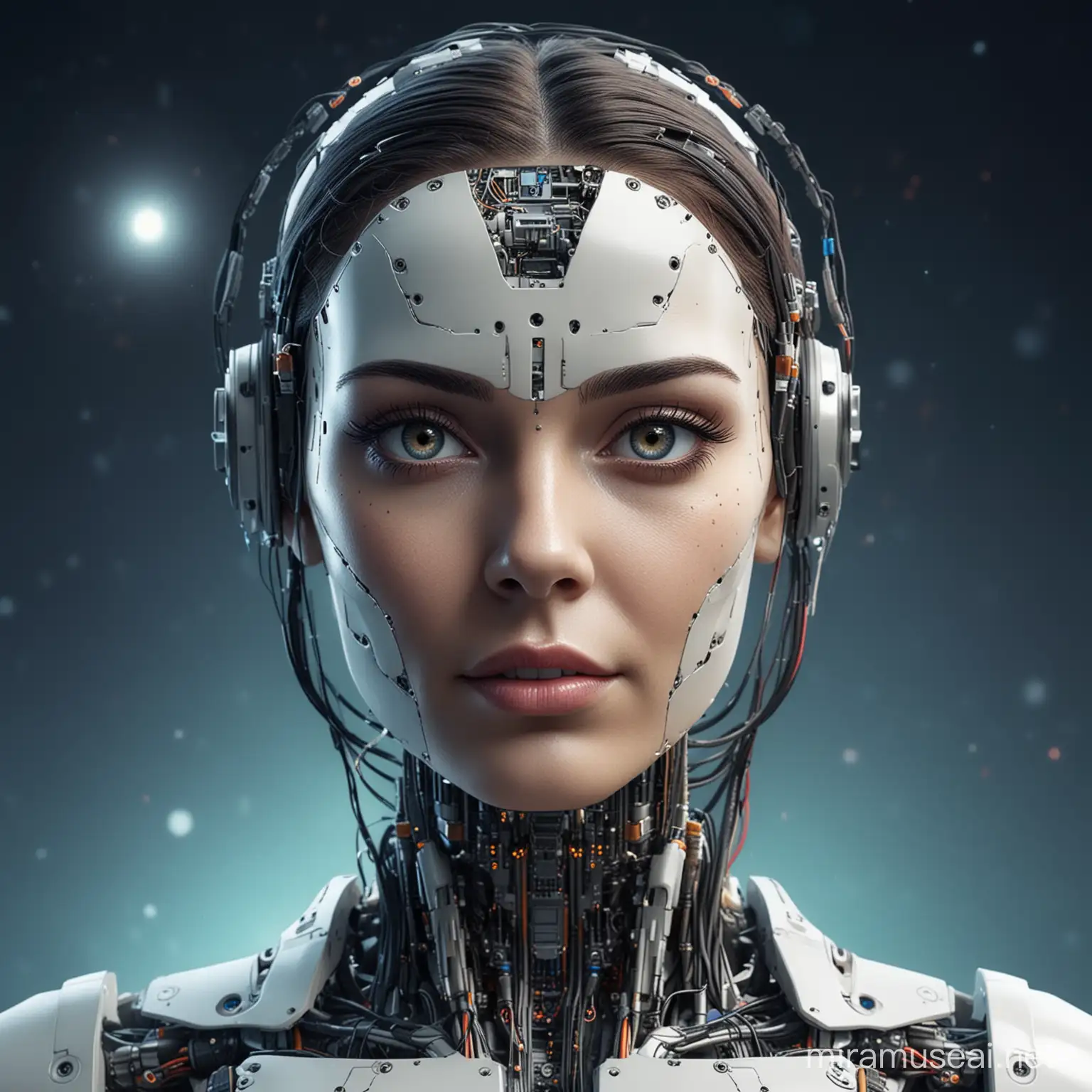 Ultra realistic image of AI robot with a serious beautiful woman face, with evil smirk expression, with wires and chips on his head, looking straight view, on the background planet Earth and cosmos