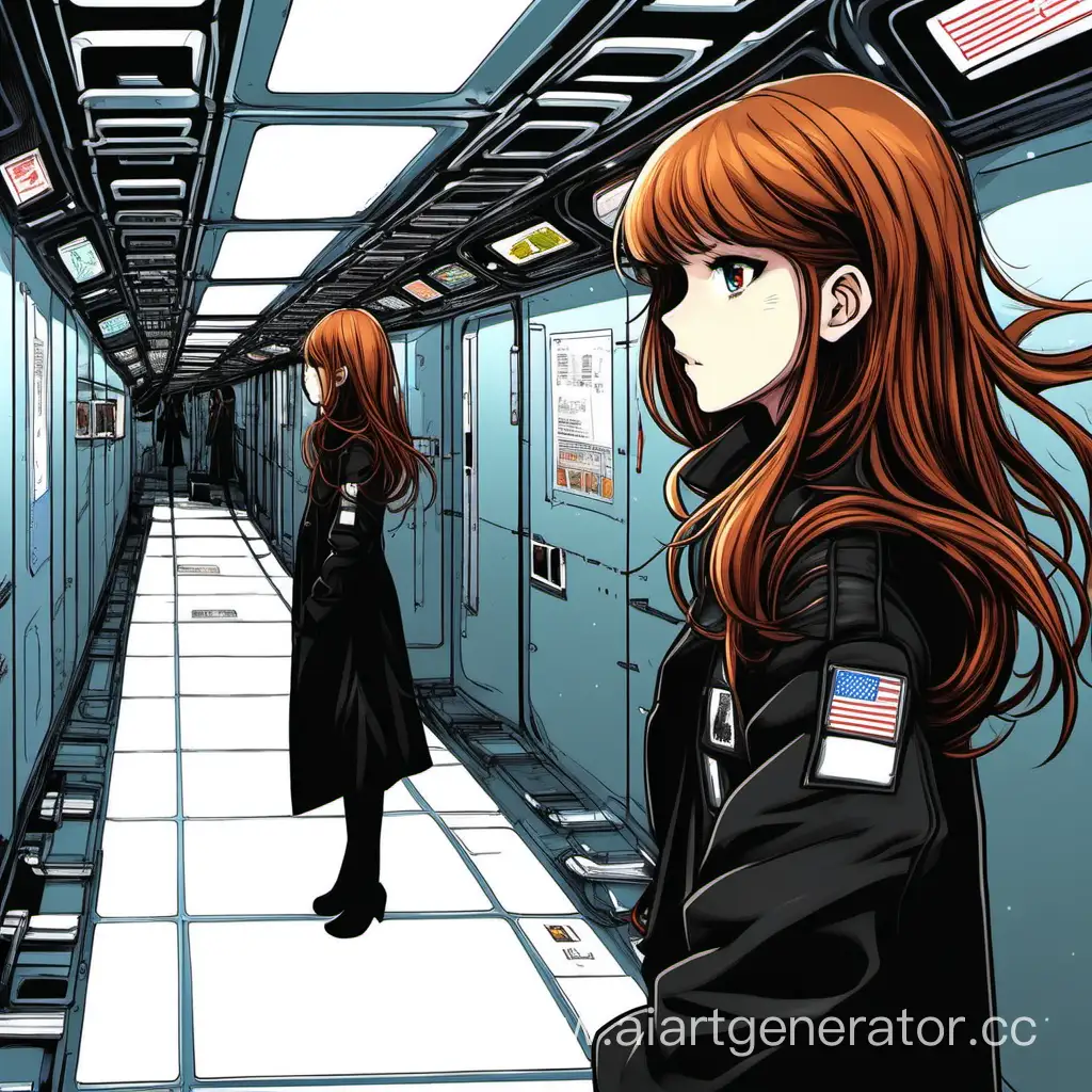 Девушка, в чёрном пальто, в длинном коридоре, на космической станции, каштановые волосы, длинные волосы с чёлкой, вид с боку, скучает