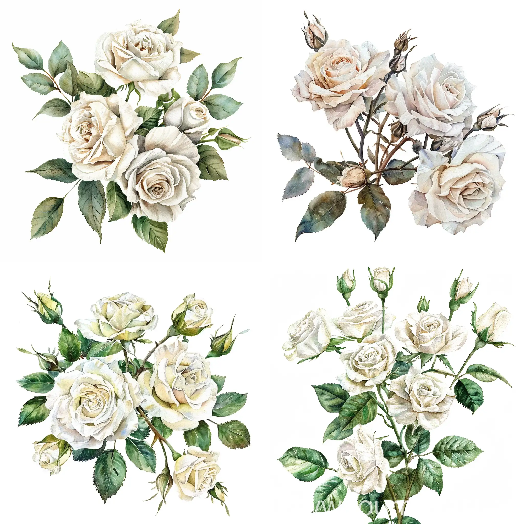 flower arrangement, wedding, elegant white roses in watercolor, in white background