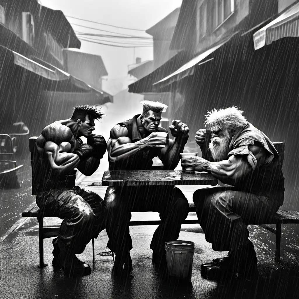 Street fighter Guile and Blanka drinking tequiila with a homeless old polish guy
Dark image
Black and white 
Rain 
Fog 
Raining 