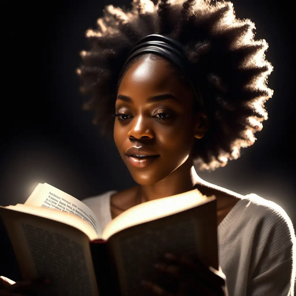 /imagine a 4K image of a black woman who opens a book and light shines from the pages, highlighting black history. She is astounded by the words of the pages and what she's learning.
