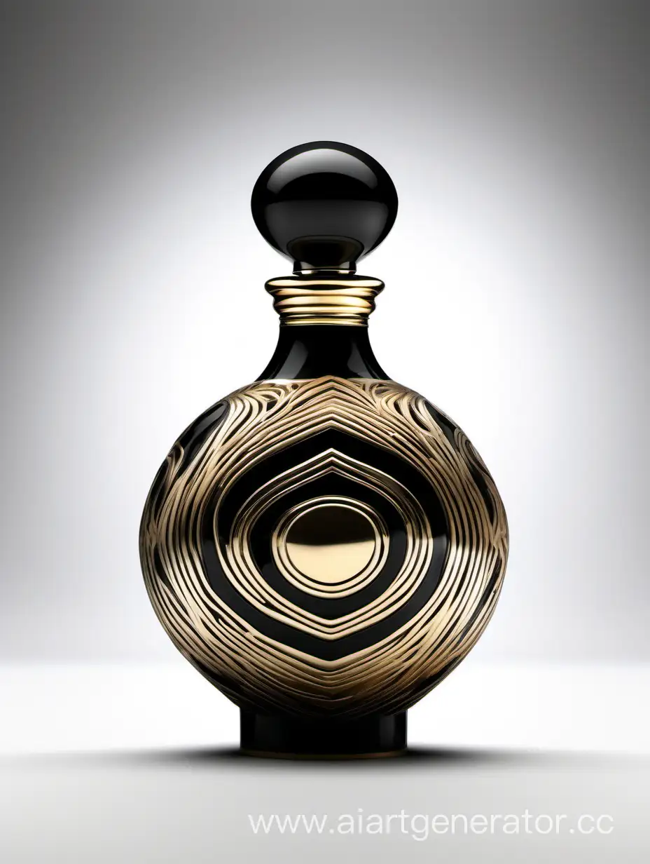 luxury perfume golden bottle and zamac cap, white and black, curvilinear oval with white and golden 5 circles inside decorative motif 