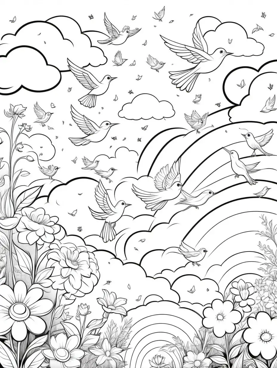 simple black and white line art of dreams for a kids coloring book. Clouds, birds and flowers with white bakground.