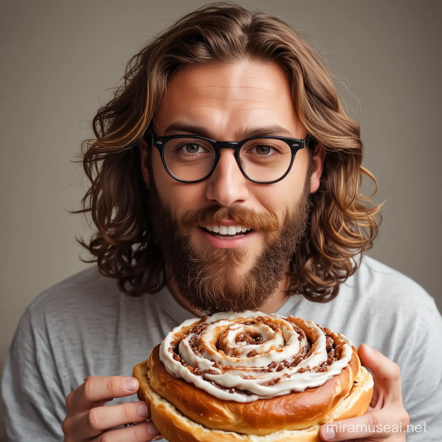 a bearded brunette man with long wavy hair and black-rimmed glasses eating a gigantic cinnamon roll