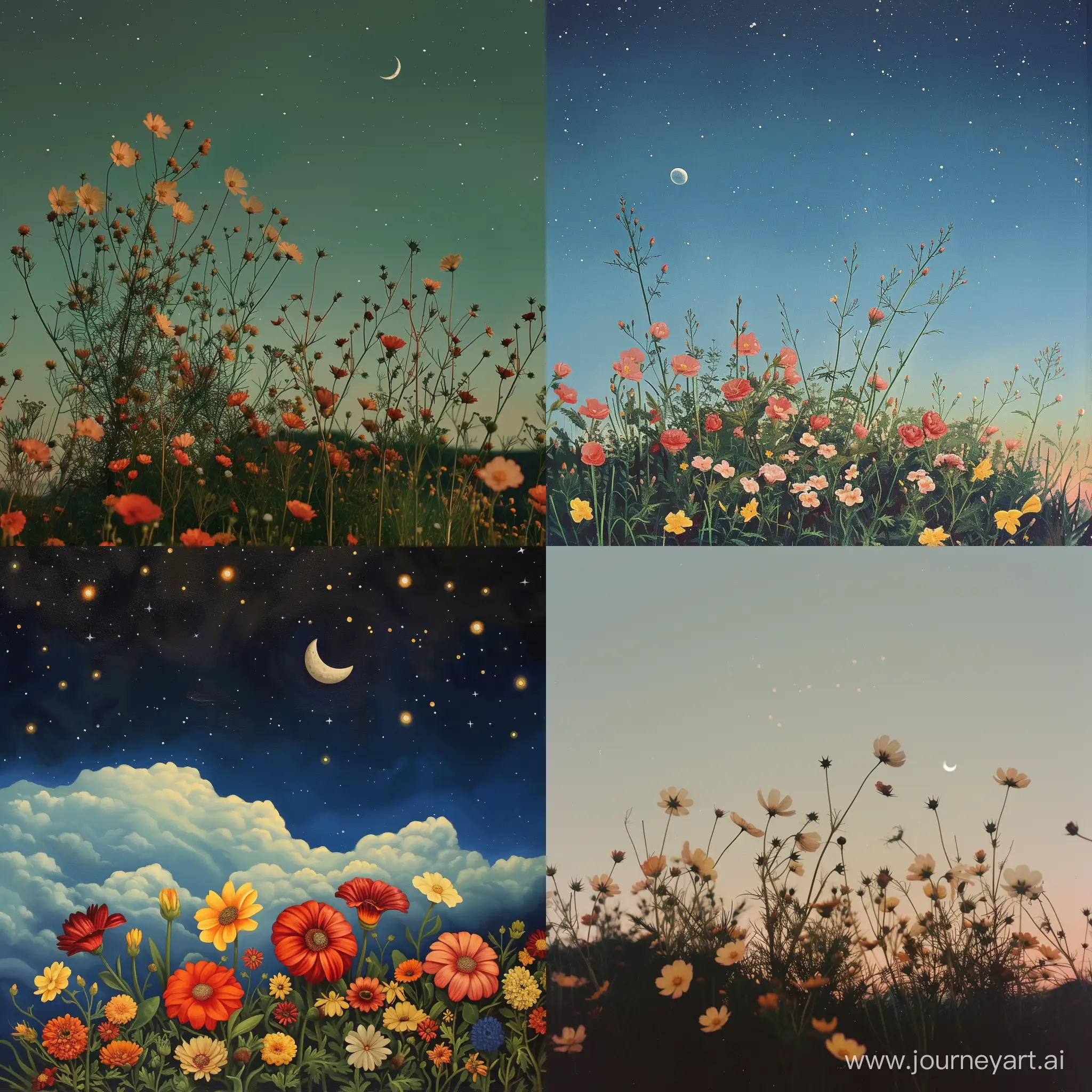 زهور وقمر والسماء فيها قليل من النجوم