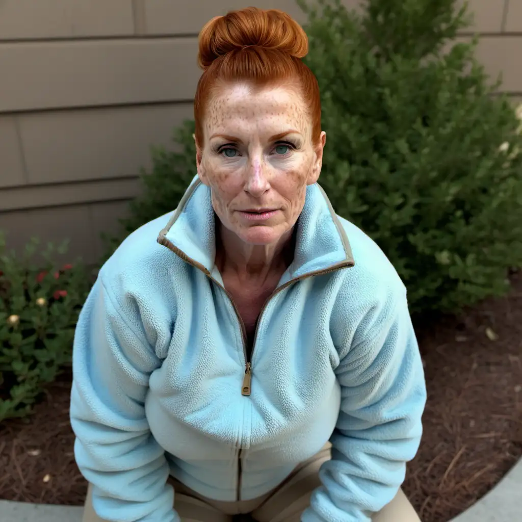 Homeless Redhead Woman in Blue Fleece Jacket and Khaki Pants