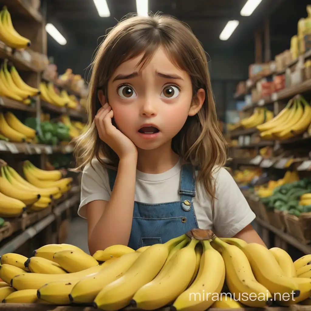 Confused Girl Choosing Bananas in Grocery Store