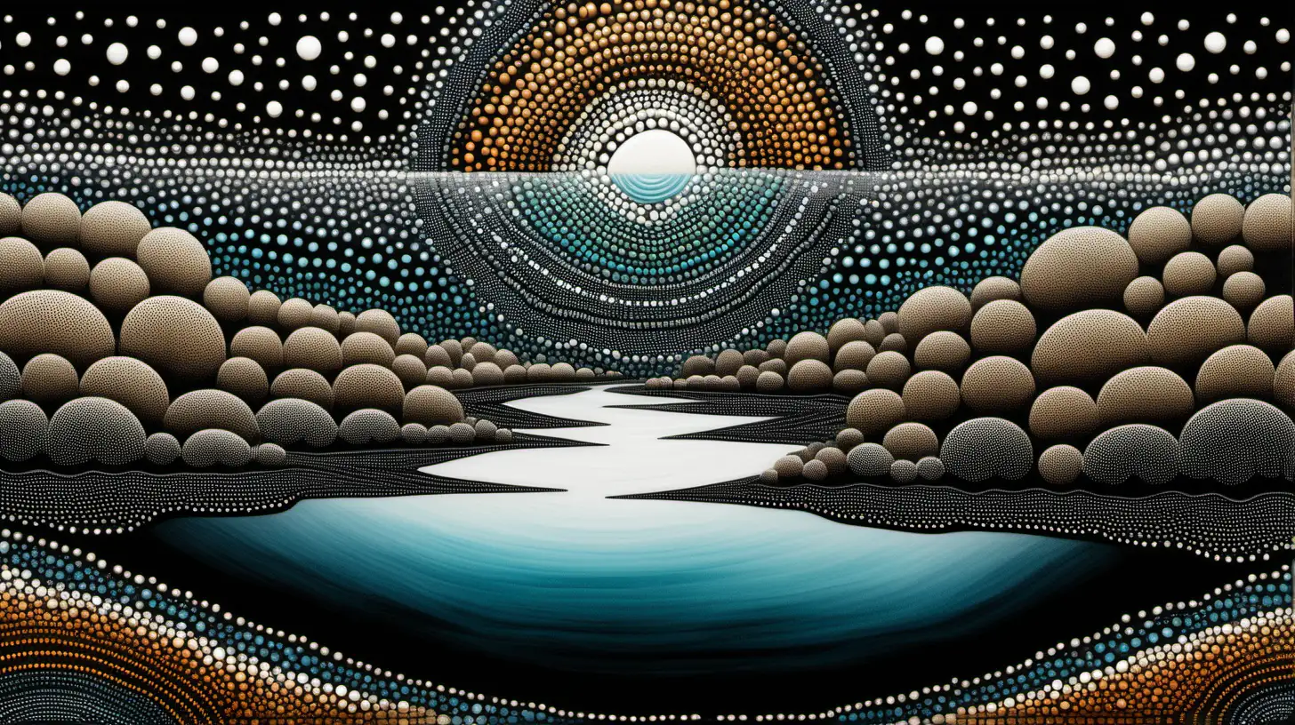Ainslie Roberts style, Dreamtime dot art, aboriginal australia, lines, watercolor, intricate details, internal dot art landscape mirrored on water's surface below, colour scheme centred on vibrant cream, white, ochre, aqua against a stark black, black negative space, backdrop, chiaroscuro enhancing the intricate details, in a digital Rendering “v6”