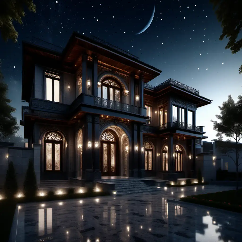 a mansion on the street, turkish traditional and modern style, wood, glass and stone , mir rendering , cinematic  dark light, stars in sky and galaksy