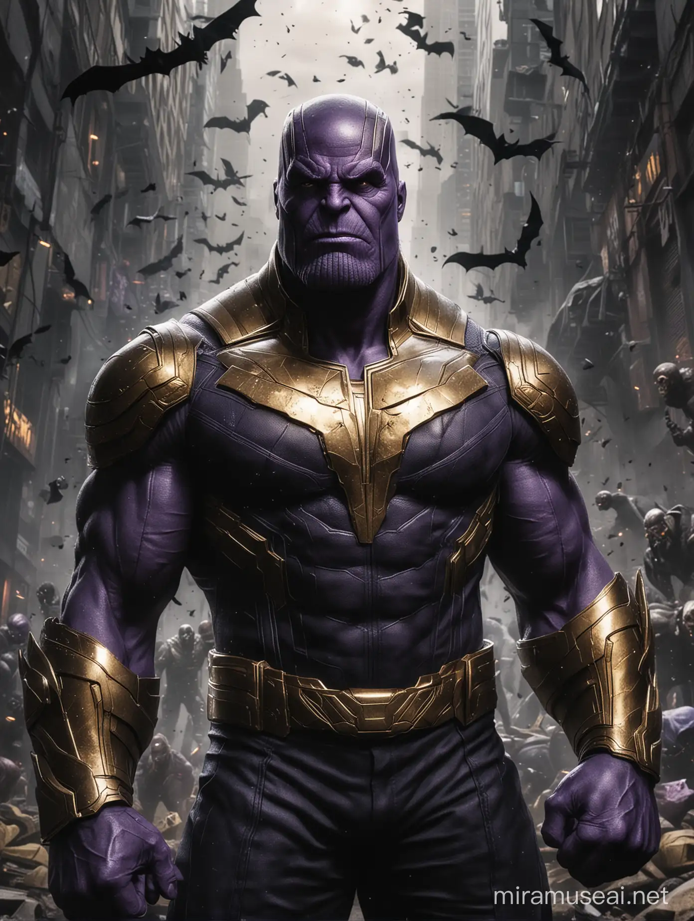 Title: "Thanos: The Dark Avenger"

In a parallel universe, where the lines between heroes and villains blur, Thanos emerges as a vigilante known as the Dark Avenger, taking on the mantle of Batman. With his ruthless efficiency and unwavering dedication to restoring balance, he strikes fear into the hearts of criminals.

But unlike the traditional Batman, Thanos doesn't shy away from using extreme measures to achieve his goals. His quest for justice is tempered with his belief in the necessity of culling the population to prevent overconsumption and restore harmony to the universe.

Armed with the Infinity Gauntlet, modified to suit his vigilante pursuits, Thanos wages a one-man war on crime, bringing swift and decisive judgment to those who dare to disrupt the delicate balance he seeks to maintain.

Yet, even as he delivers justice with an iron fist, whispers of fear and awe spread throughout the criminal underworld, as they realize that in this dark avenger, they face not only a formidable opponent but also a force of nature driven by an unfathomable purpose.

In the shadows of Gotham City, Thanos as Batman stands as a grim reminder that sometimes, to achieve true balance, one must embrace the darkness within.