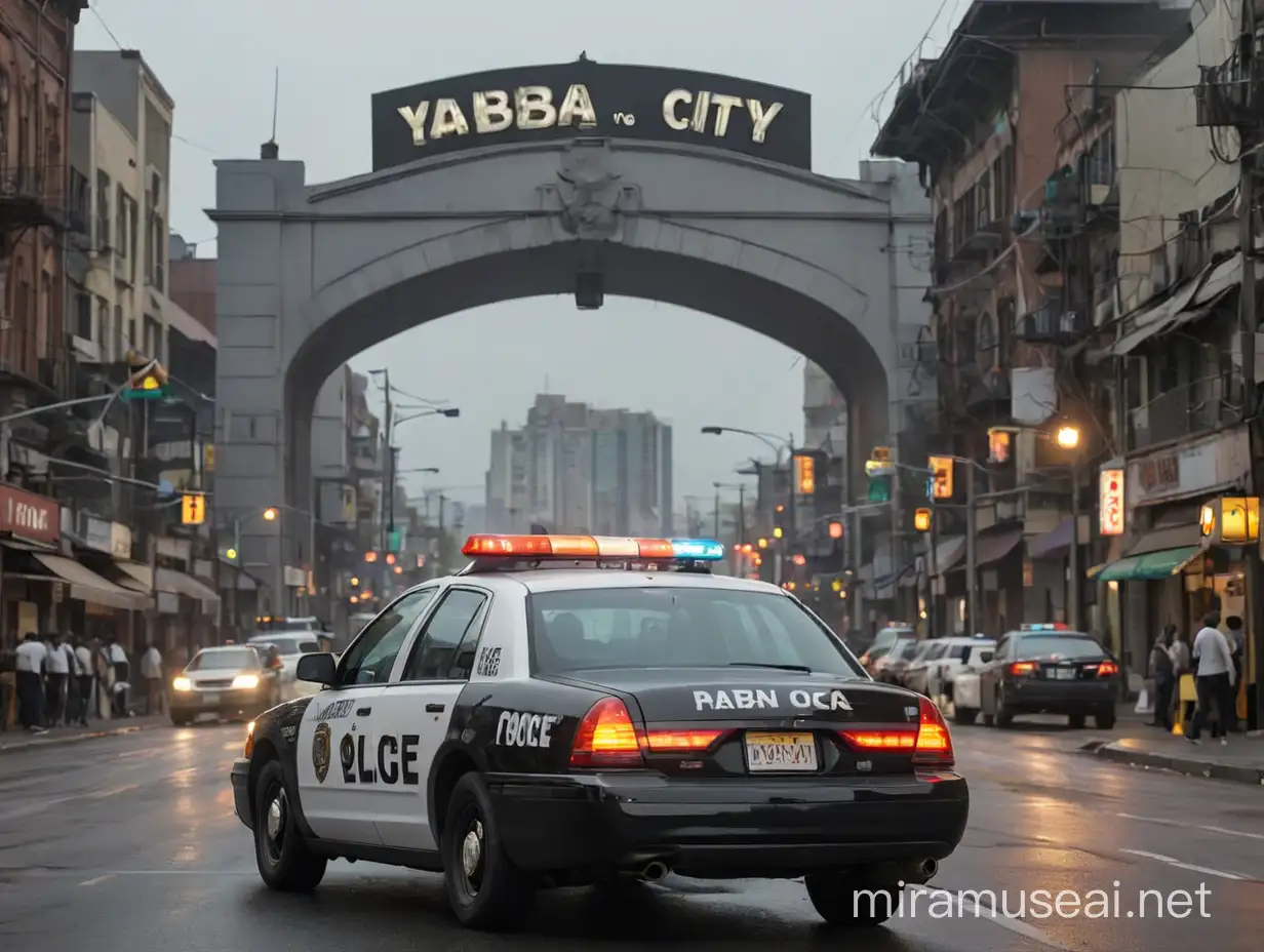 A black white police car with flashing lights in the foreground, a Arch Billboard sign reading "YABA-CITY" in the background Rainey city streets with public Crowd, set in a dimly lit urban environment with an overcast sky
