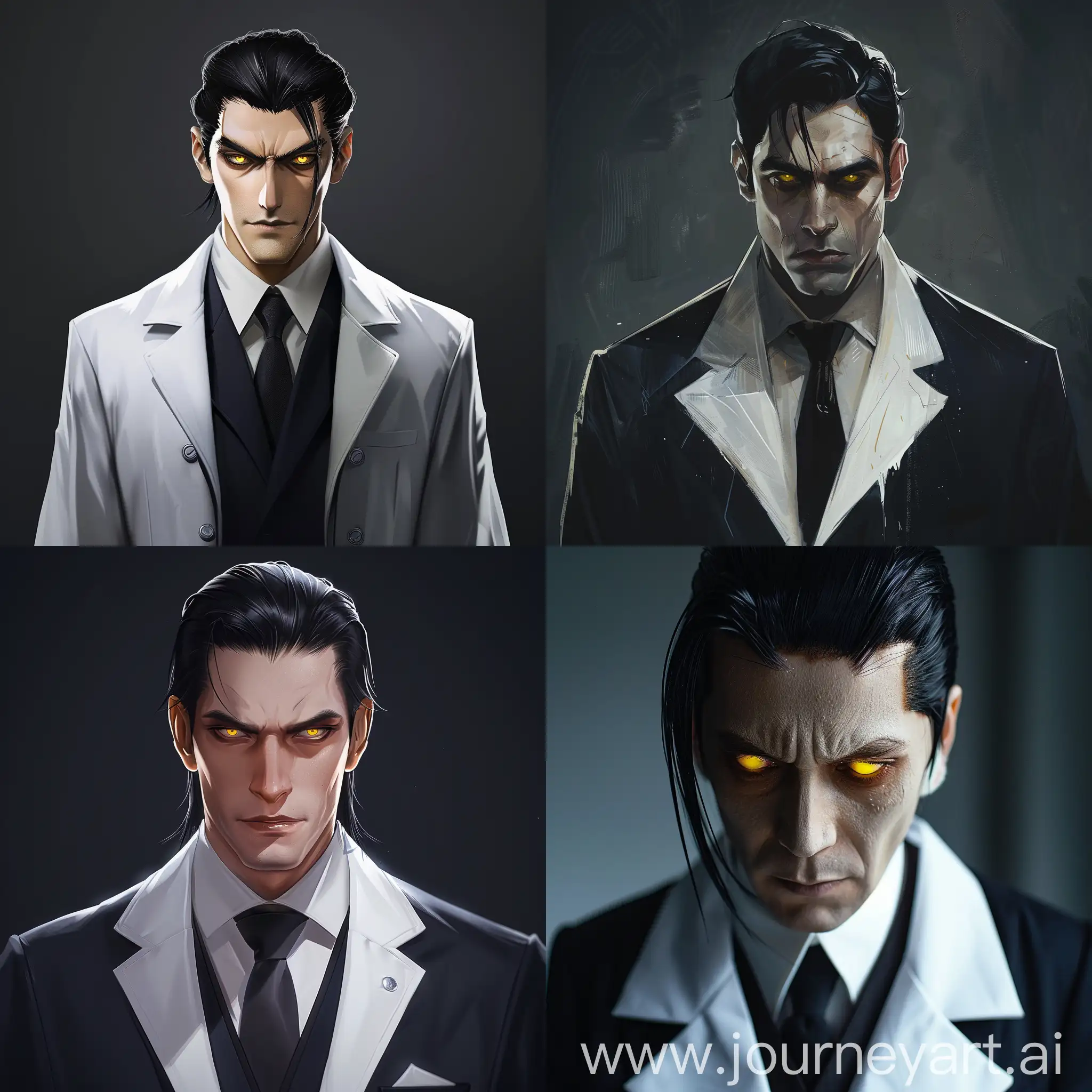 A serious man in dark suit and white lab coat, with black hair combed back and yellow eyes