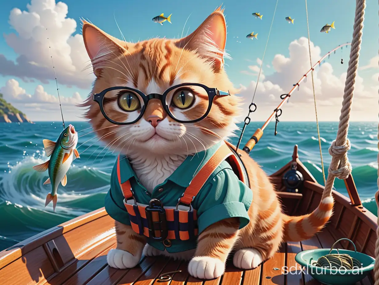A personified cat on a boat at sea, busy fishing on a hectic day.