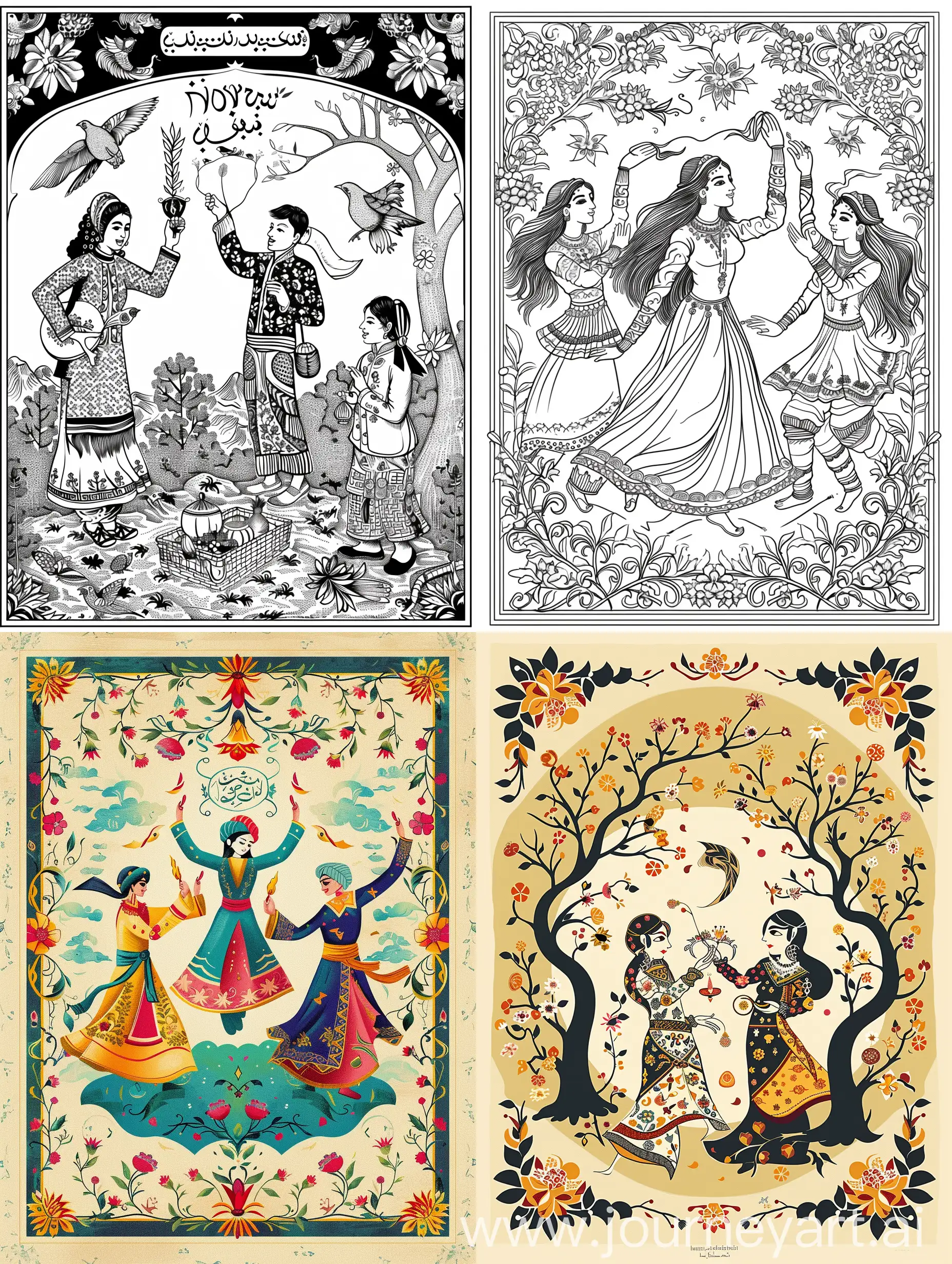 Nowruz-Haft-Sin-Poster-Traditional-Iranian-Miniature-Style-Line-Art