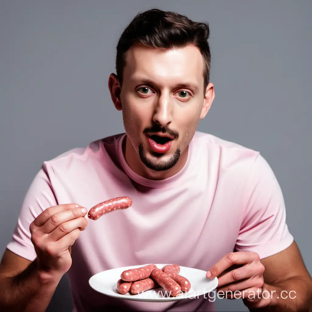 атлетичный мужчина без бороды и без усов ест светло розовые короткие сосиски из тарелки, в тарелке только светло розовые короткие сосиски