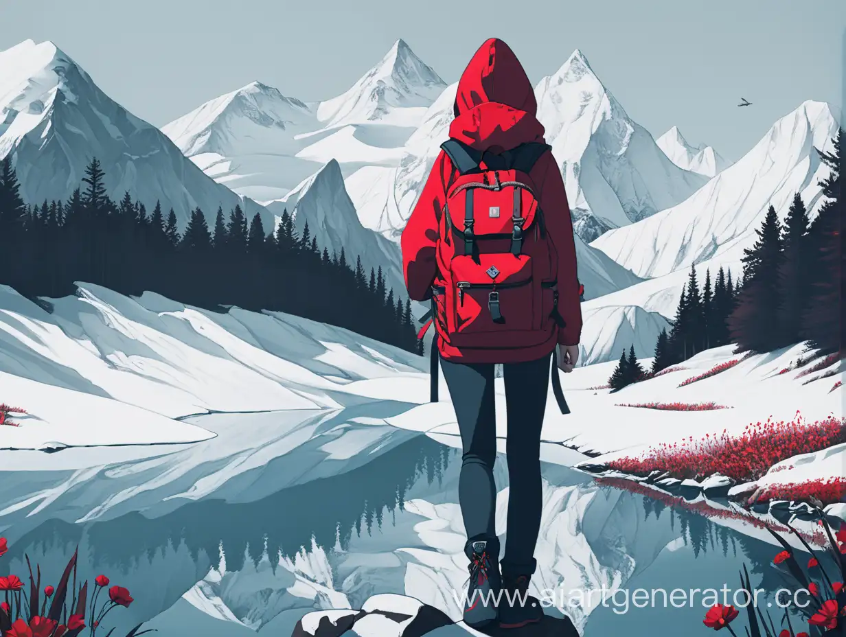 Girl-with-Red-Backpack-Amidst-Mountainous-Snowy-Landscape