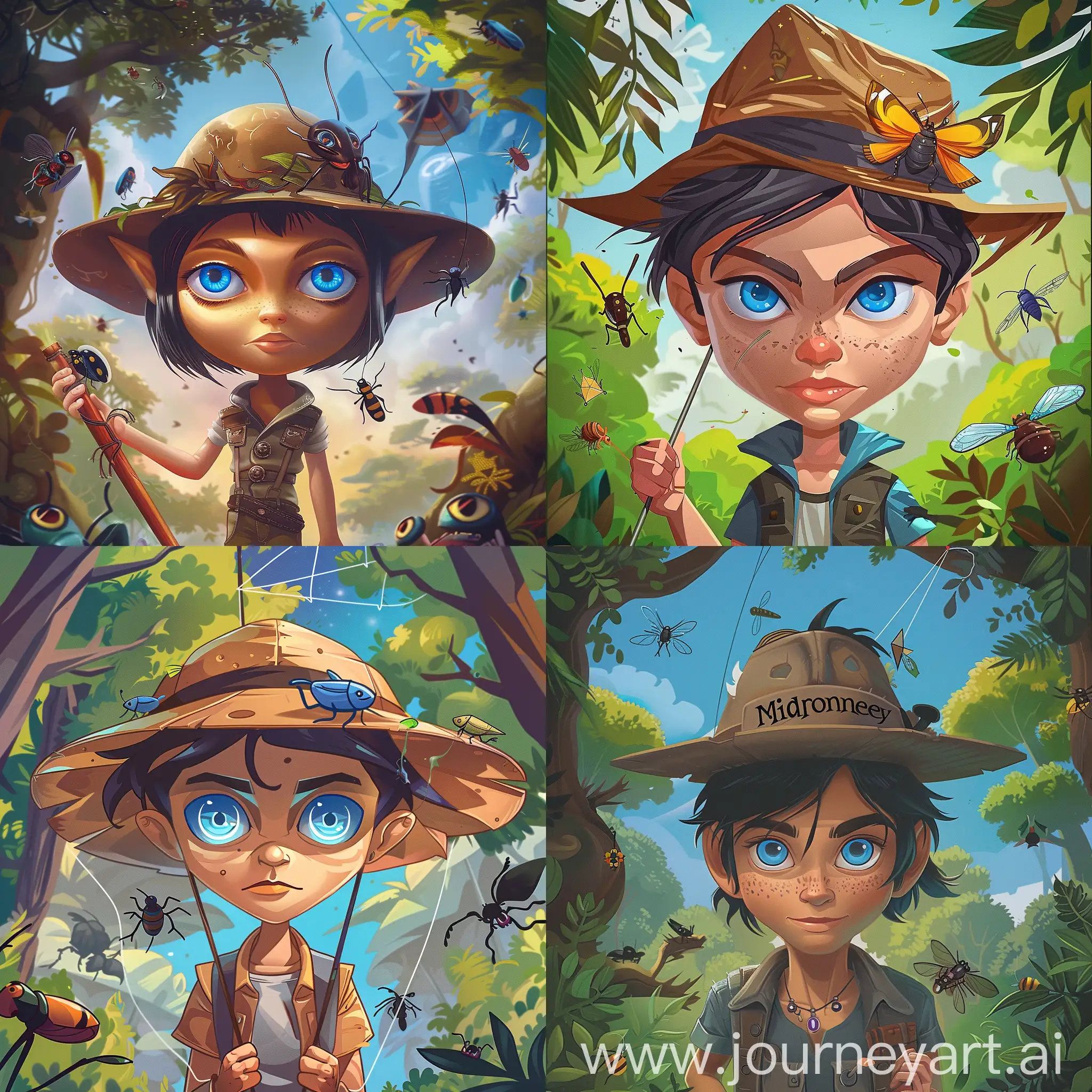 Create a cartoon character named Midjorney with blue eyes, wearing a hat, holding a kite, and set against a nature background with trees and insects.