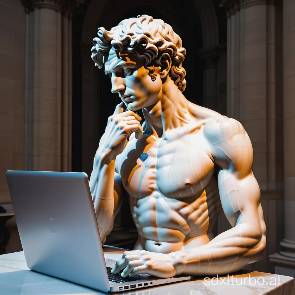 Michelangelos-David-Contemplating-Modern-Technology-Behind-a-Laptop
