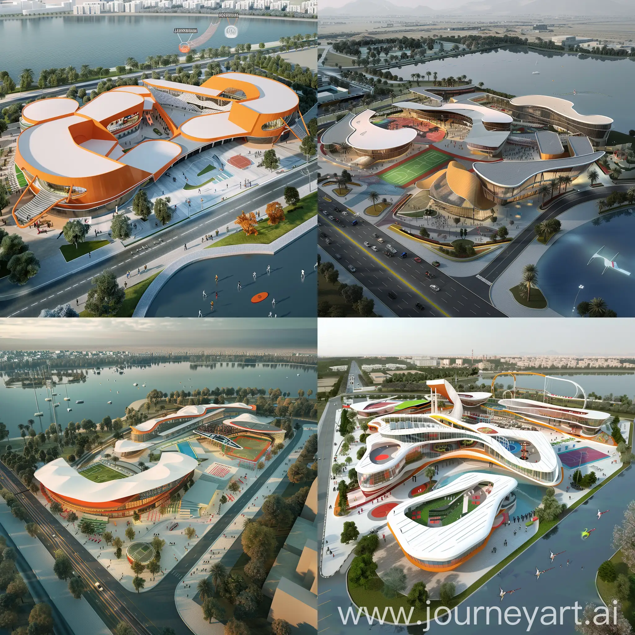 i want you to generate accurate and visually appealing 3D and section images for this architectural graduation project. "Designing a sports center complex in New Alamien City, Egypt, the site boasts a picturesque lake view from the north and is prominently positioned along the main road from the south. The key components of the project include a main hall for basketball, handball, and other sports, a smaller hall for diverse activities, a vibrant food court, an outdoor court for archery with spectator seating, a compact administrative zone, a unique Soccer Beach, a hanged Olympic swimming pool designed to be extraordinary, a small rehabilitation area, and retail stores offering sports-related souvenirs and equipment. The design inspiration is derived from the organic compounds of hormones released during physical exertion, namely Adrenaline, Noradrenaline, Cortisol, and Testosterone. The resulting architectural form embodies the dynamic movement of athletes, featuring abstracted curves. Adrenaline influences varying height levels, Cortisol results in smoother building surfaces, and Testosterone manifests as competitive buildings trying to surpass one another. The overall style aspires to be smart and iconic, capturing the essence of the project's unique inspiration."