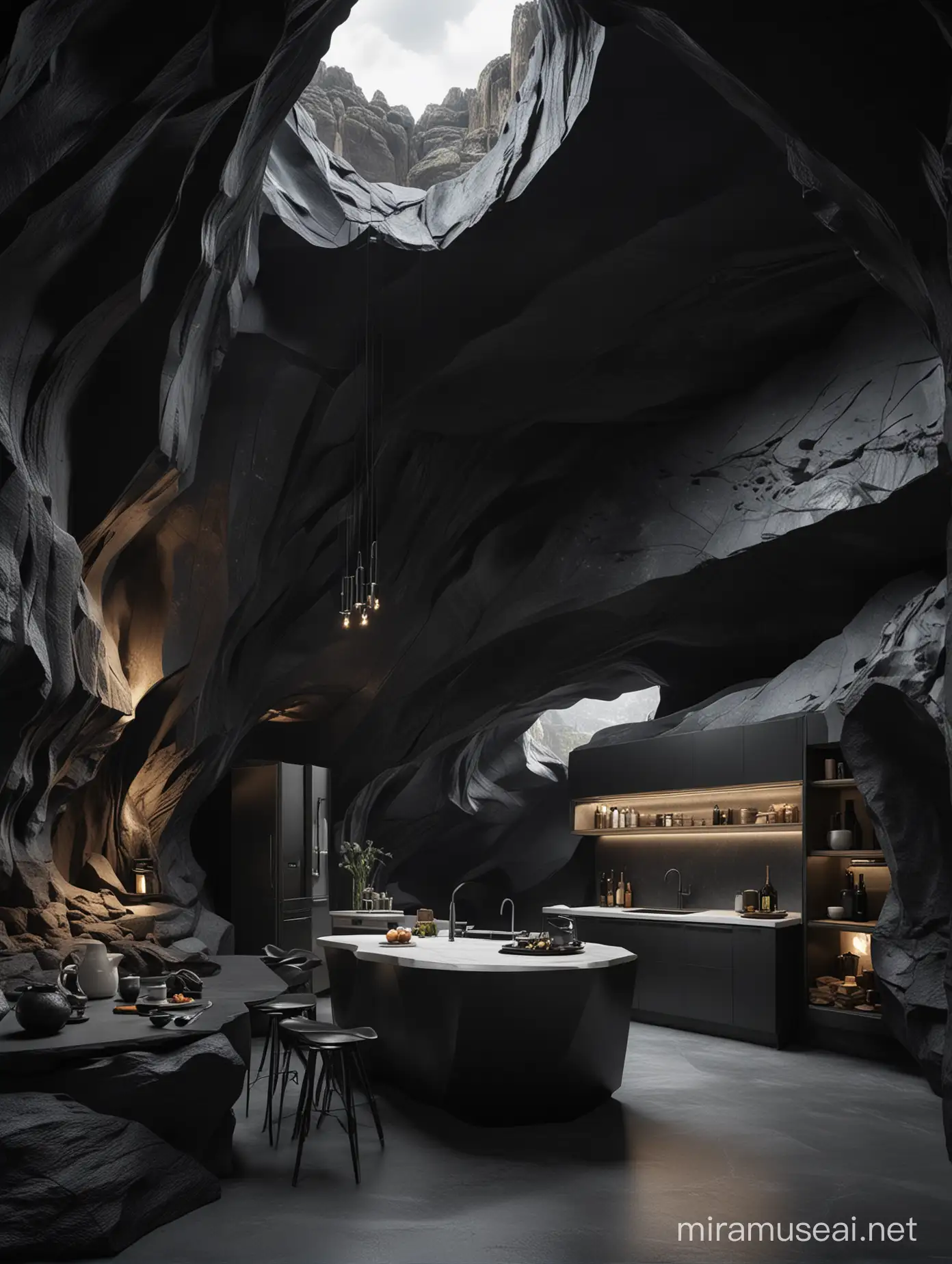 CARVED ARCHITECTURES STYLE ZAHA HADID modern architectures inside the BLACK cave  WITH kitchen design  and light mountain AND CLIFF 32K HYPER-REALISTIC PHOTO